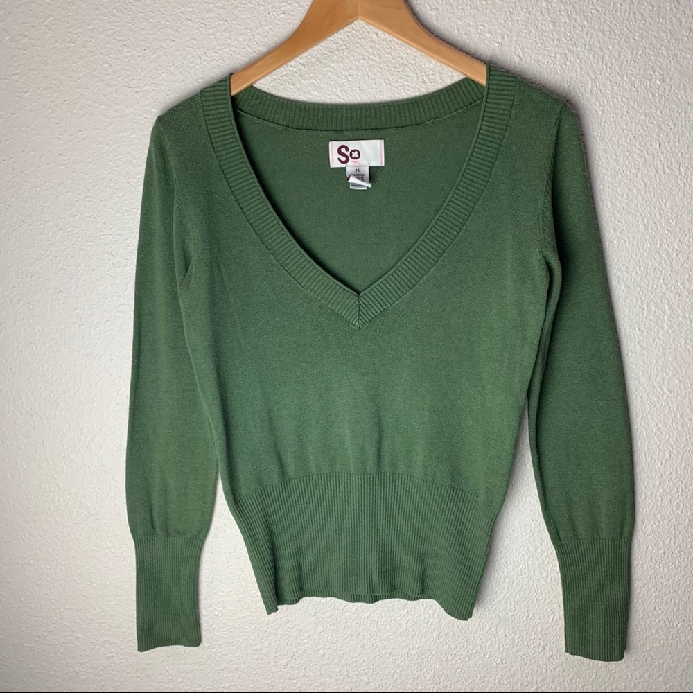 SO v-neck army green Sweater knit fitted Ribbed waist crop length Sz Xs-M Y2K - Picture 1 of 11